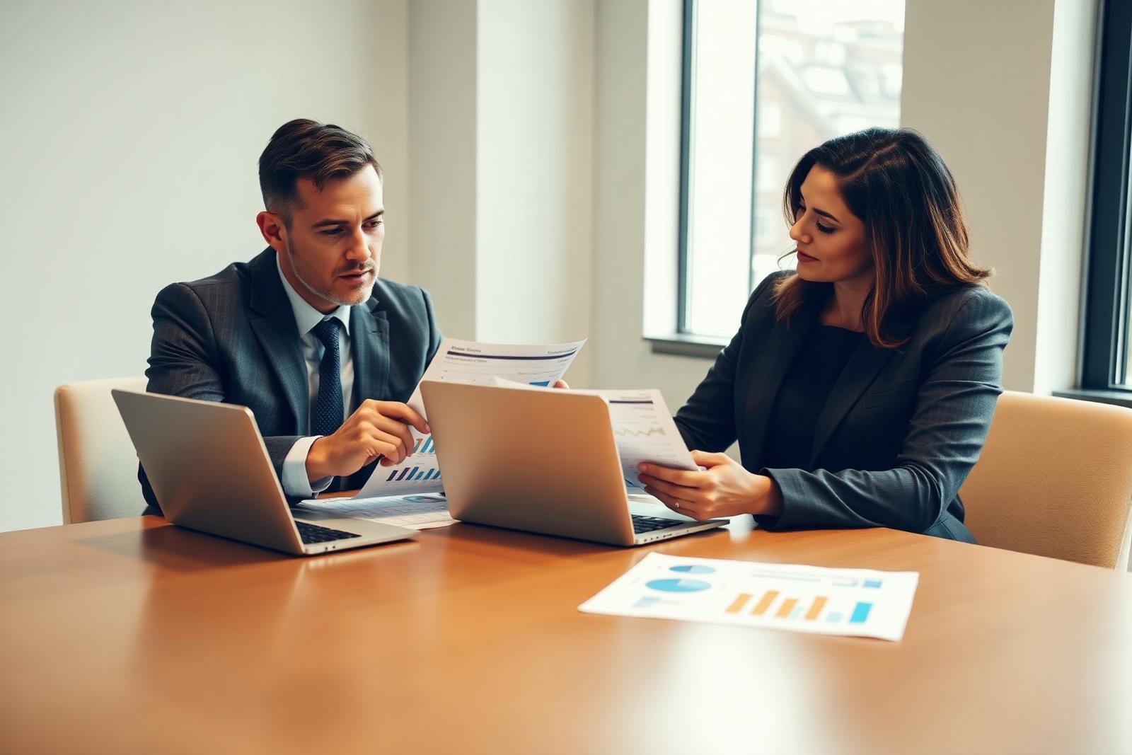 Two advisors reviewing printed profitability and cash flow analysis alongside laptops in a bright conference room