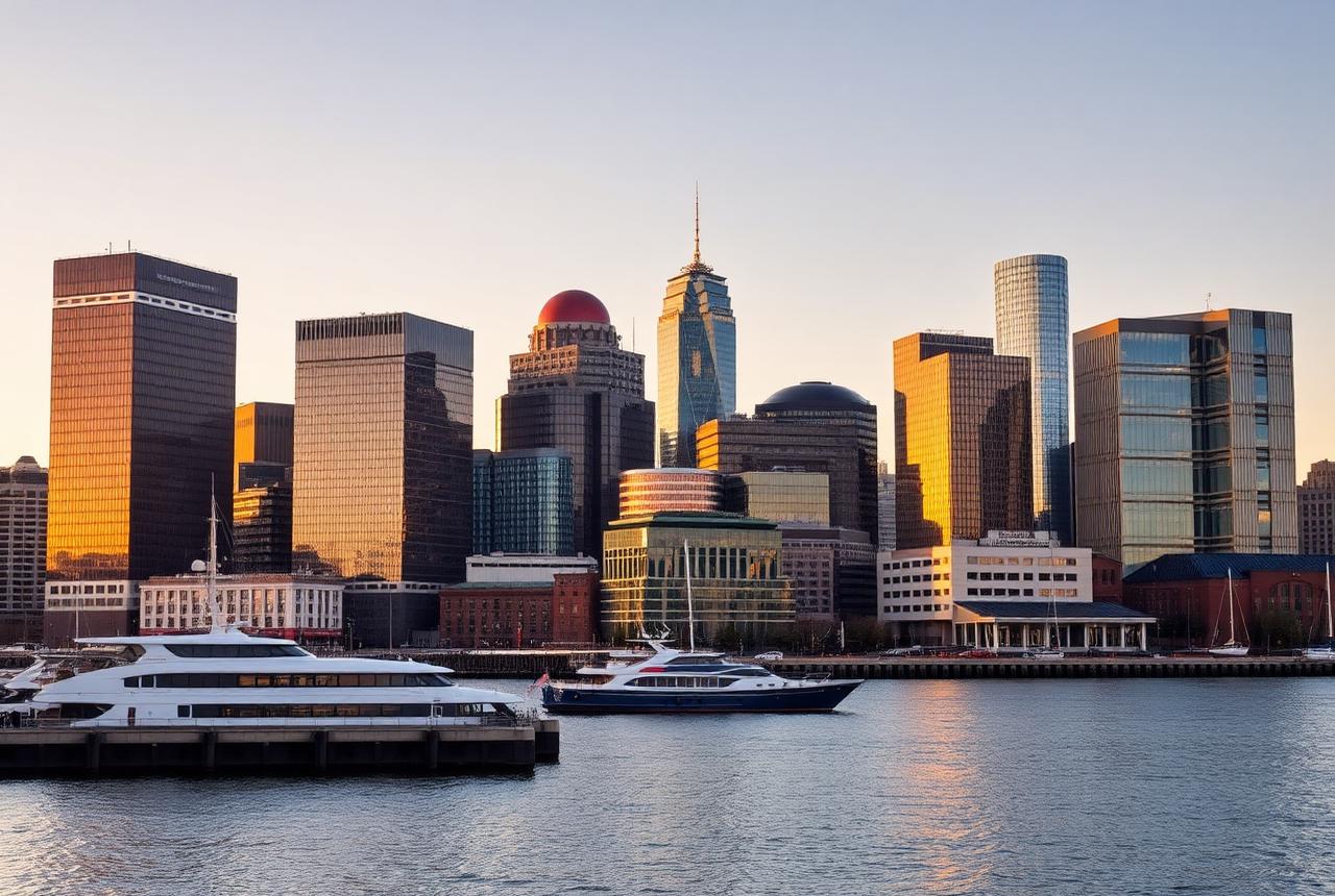 Boston skyline and Seaport waterfront office towers at golden hour