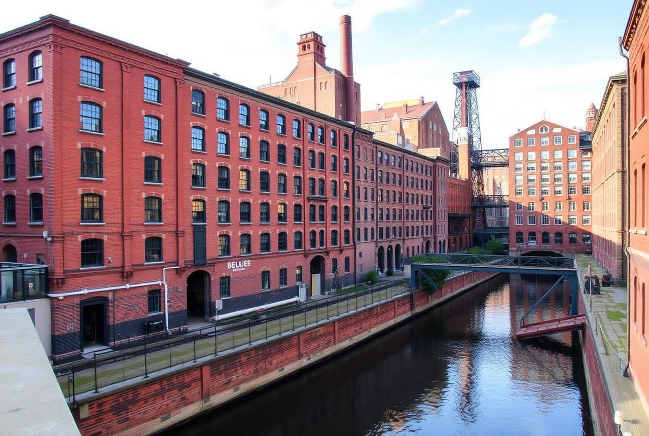 Historic red brick mill buildings along a canal in Lowell Massachusetts