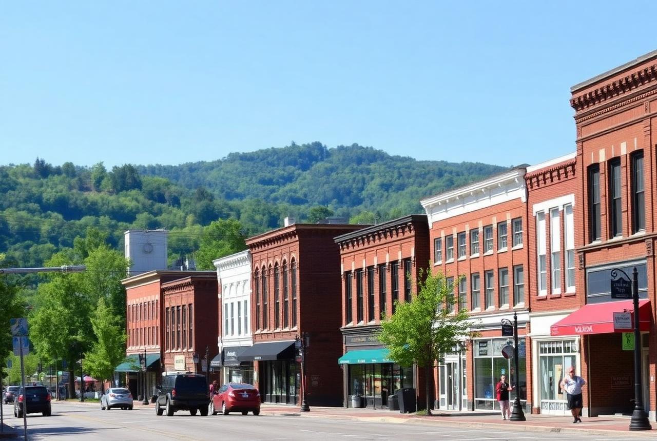Downtown Pittsfield Massachusetts main street with Berkshire hills behind
