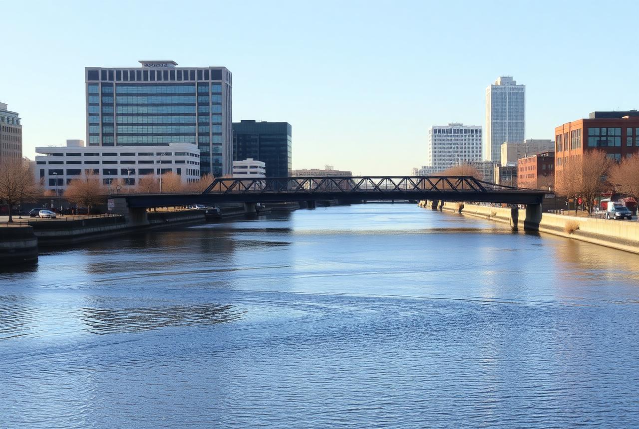 Downtown Springfield Massachusetts skyline along the Connecticut River