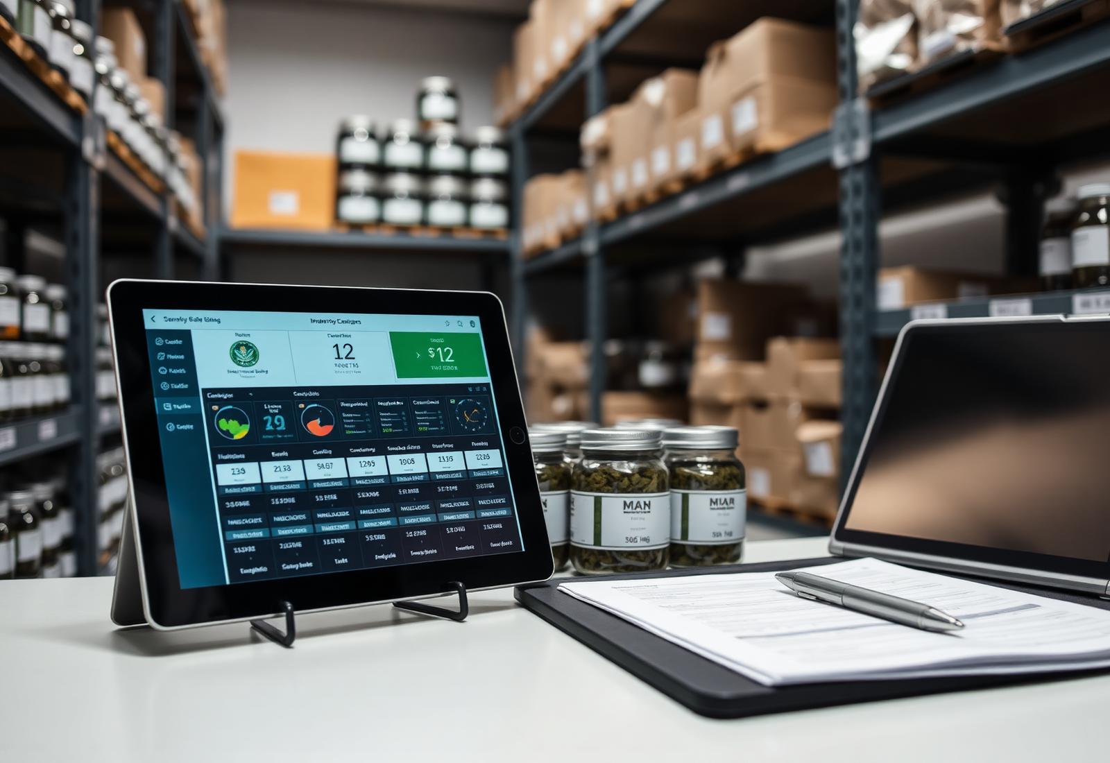 Cannabis inventory stockroom with a tablet showing a tracking dashboard beside labeled product jars and reconciliation worksheets