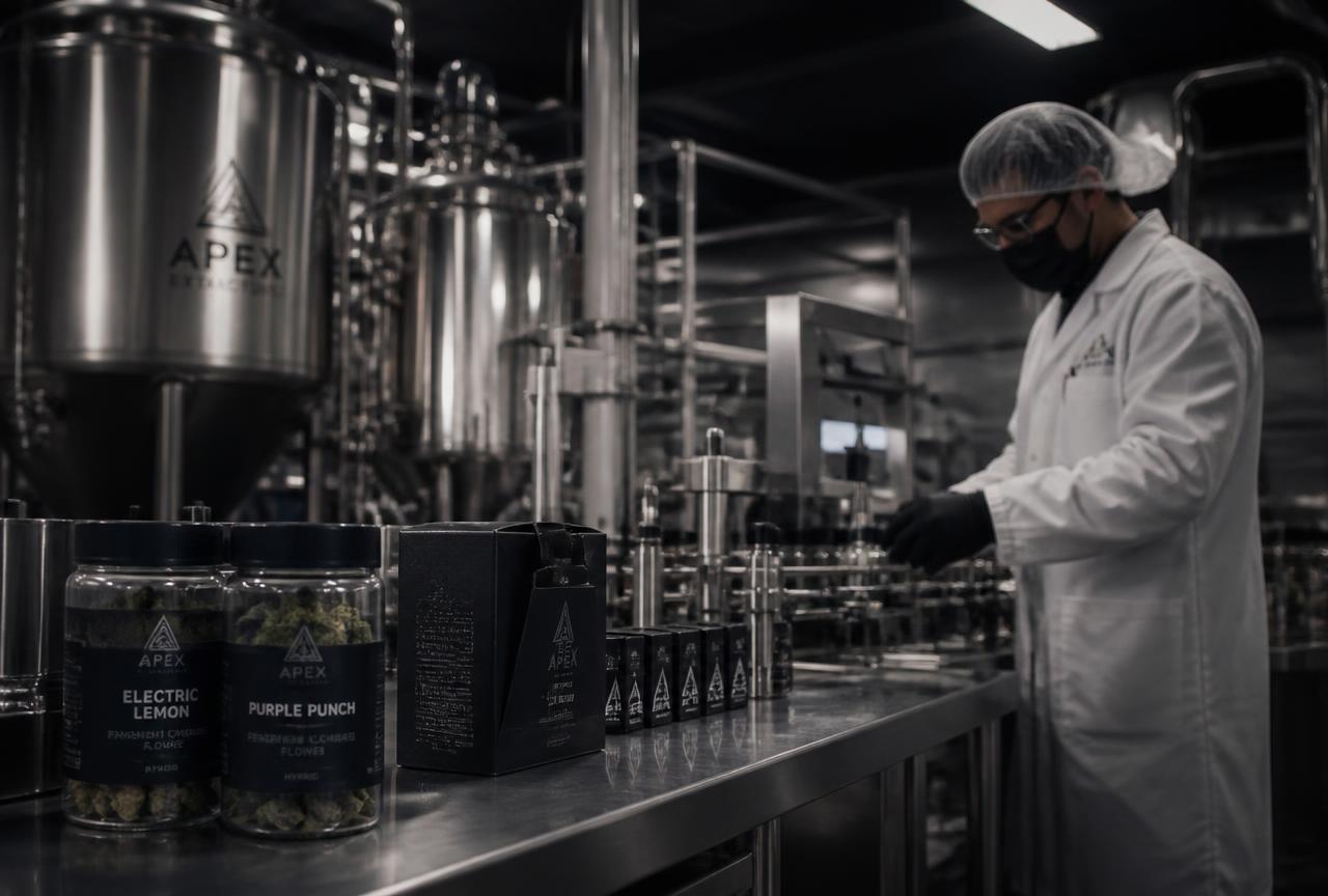Cannabis processing facility with stainless production equipment and a packaging line running labeled finished goods