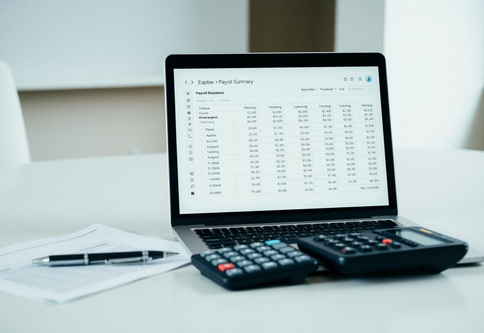 Payroll register and payroll summary reports open on a laptop beside a calculator on an accounting desk